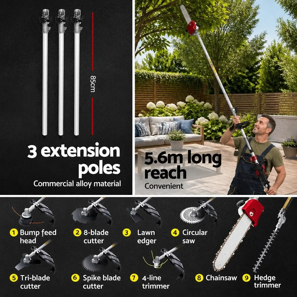 62CC Pole Chainsaw Hedge Trimmer Brush Cutter Whipper Snipper Multi Tool 5.6m Red Black