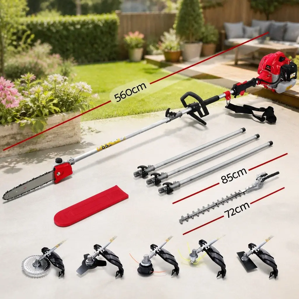 62CC Pole Chainsaw Multi-Tool 7-in-1 with Hedge Trimmer Brush Cutter Whipper Snipper 5.6m Red Black