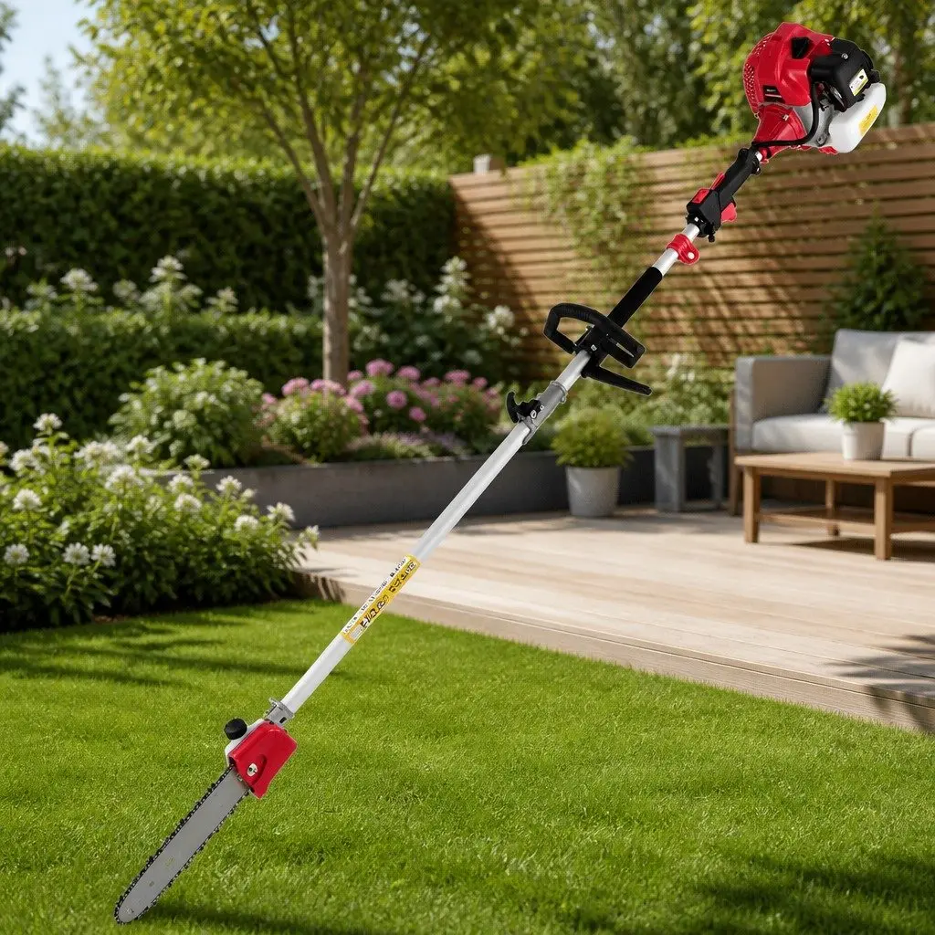62CC Pole Chainsaw Multi-Tool 7-in-1 with Hedge Trimmer Brush Cutter Whipper Snipper 5.6m Red Black