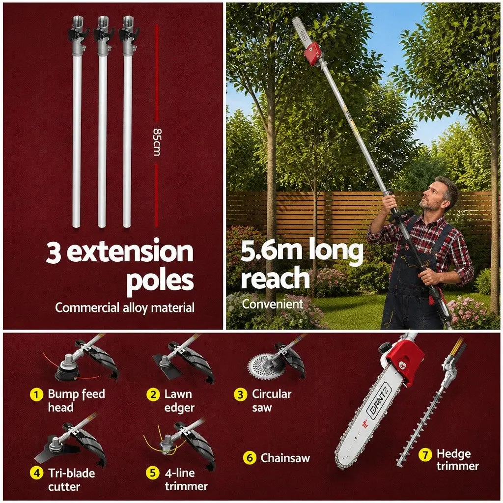 62CC Pole Chainsaw Multi-Tool 7-in-1 with Hedge Trimmer Brush Cutter Whipper Snipper 5.6m Red Black