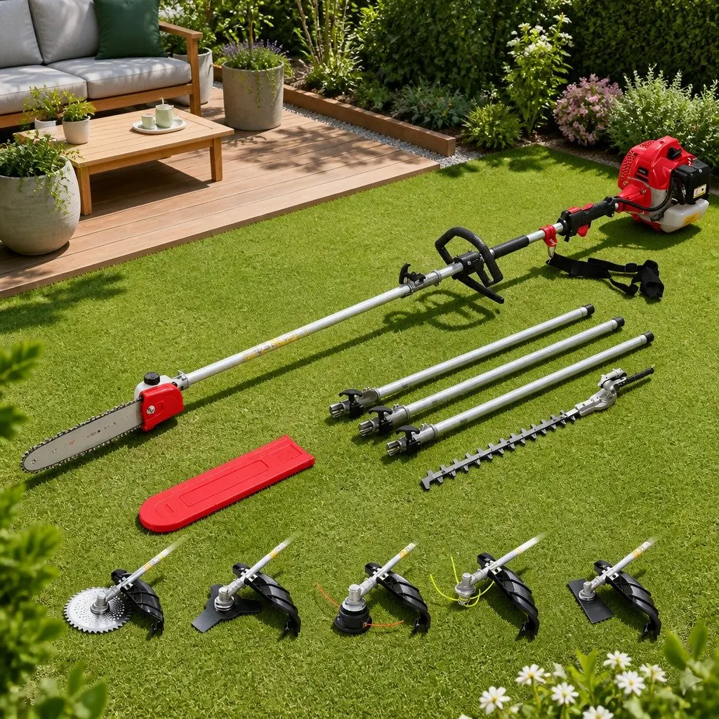 62CC Pole Chainsaw Multi-Tool 7-in-1 with Hedge Trimmer Brush Cutter Whipper Snipper 5.6m Red Black