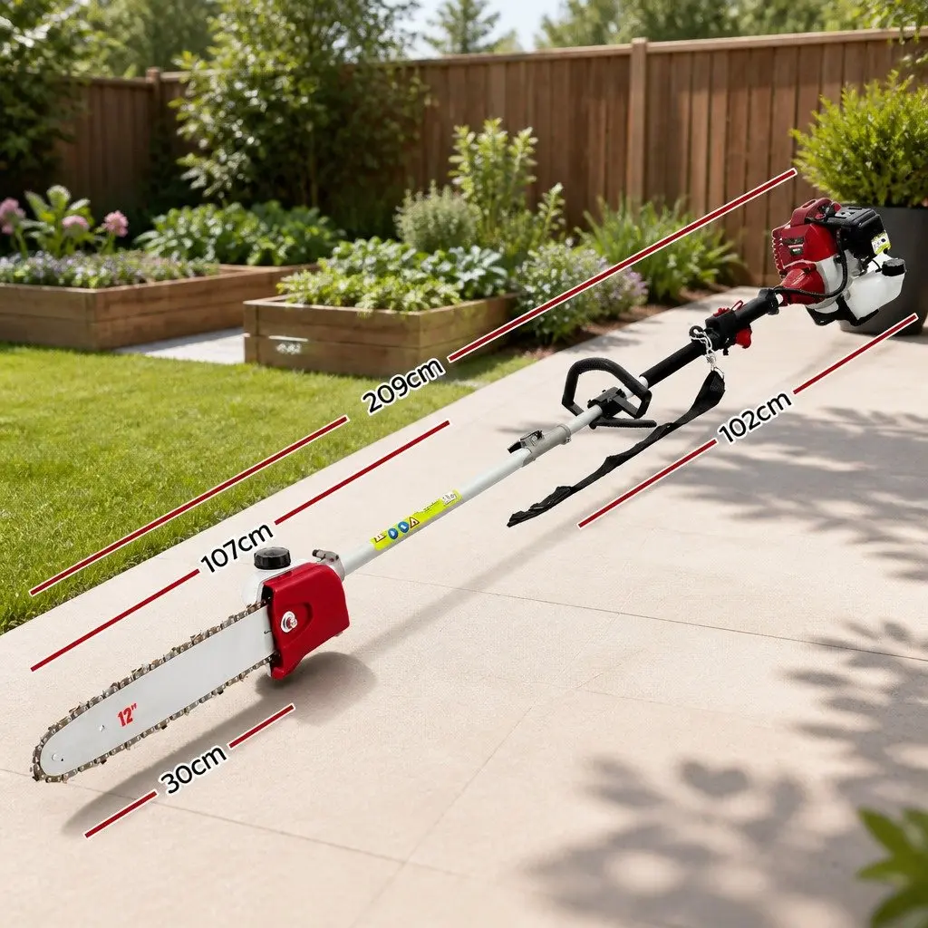 52cc Petrol Pole Chainsaw Long Reach 12 Inch Bar Red with Anti-Vibration Mechanism and 3 Extension Poles for Tree Pruning