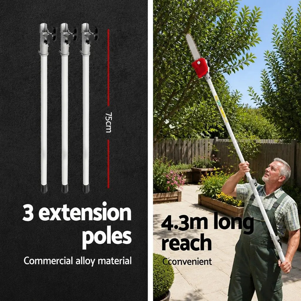 52cc Petrol Pole Chainsaw Long Reach 12 Inch Bar Red with Anti-Vibration Mechanism and 3 Extension Poles for Tree Pruning