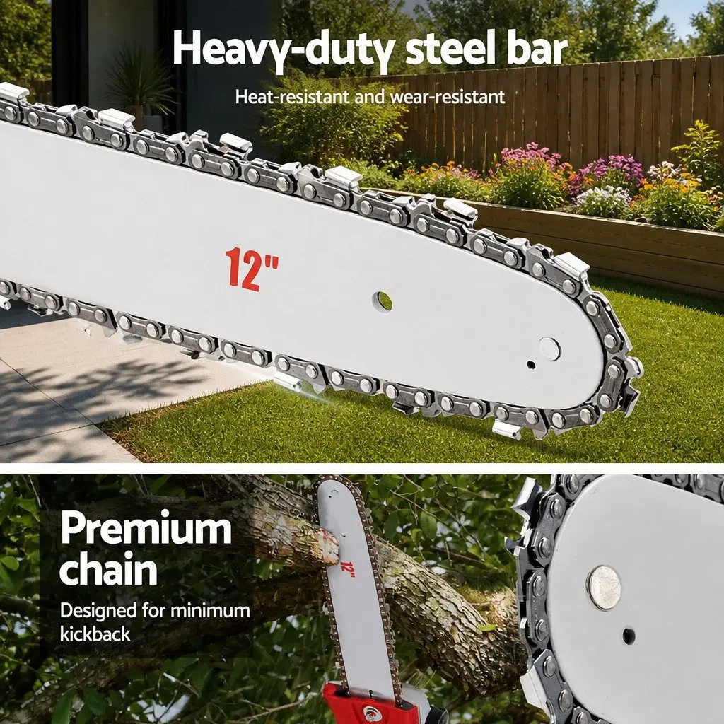 52cc Petrol Pole Chainsaw Long Reach 12 Inch Bar Red with Anti-Vibration Mechanism and 3 Extension Poles for Tree Pruning