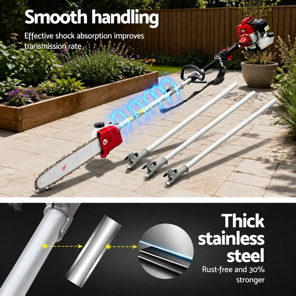 52cc Petrol Pole Chainsaw Long Reach 12 Inch Bar Red with Anti-Vibration Mechanism and 3 Extension Poles for Tree Pruning