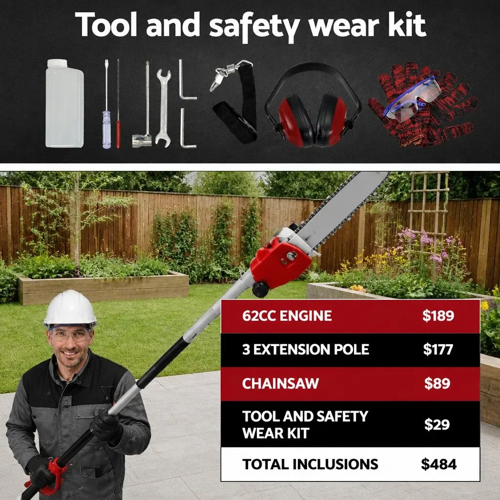 52cc Petrol Pole Chainsaw Long Reach 12 Inch Bar Red with Anti-Vibration Mechanism and 3 Extension Poles for Tree Pruning
