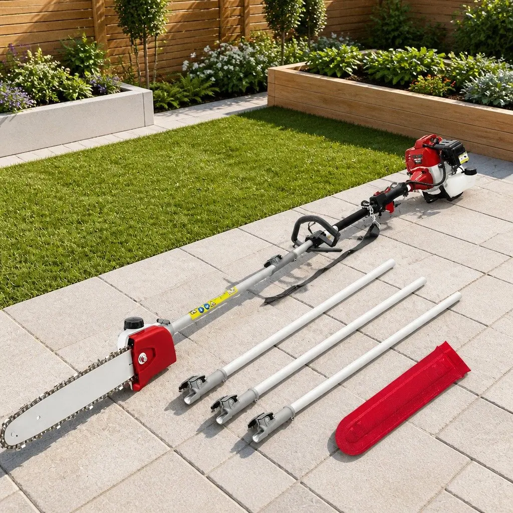 52cc Petrol Pole Chainsaw Long Reach 12 Inch Bar Red with Anti-Vibration Mechanism and 3 Extension Poles for Tree Pruning