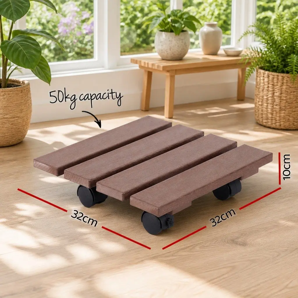Rolling Cart Plant Caddy HDPE Brown 32x32x10cm Lockable Wheels Pot Mover 2 Piece Indoor Outdoor