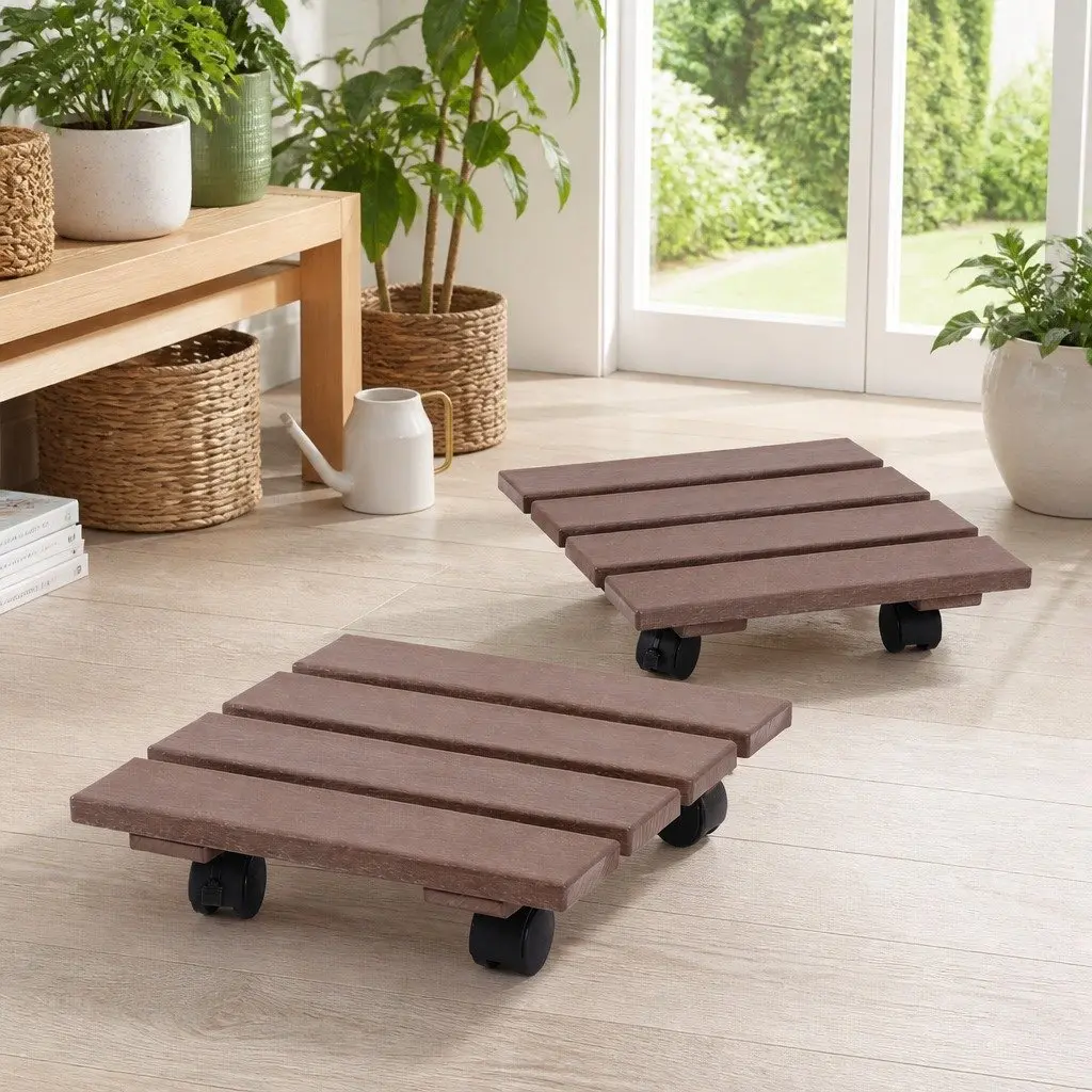 Rolling Cart Plant Caddy HDPE Brown 32x32x10cm Lockable Wheels Pot Mover 2 Piece Indoor Outdoor