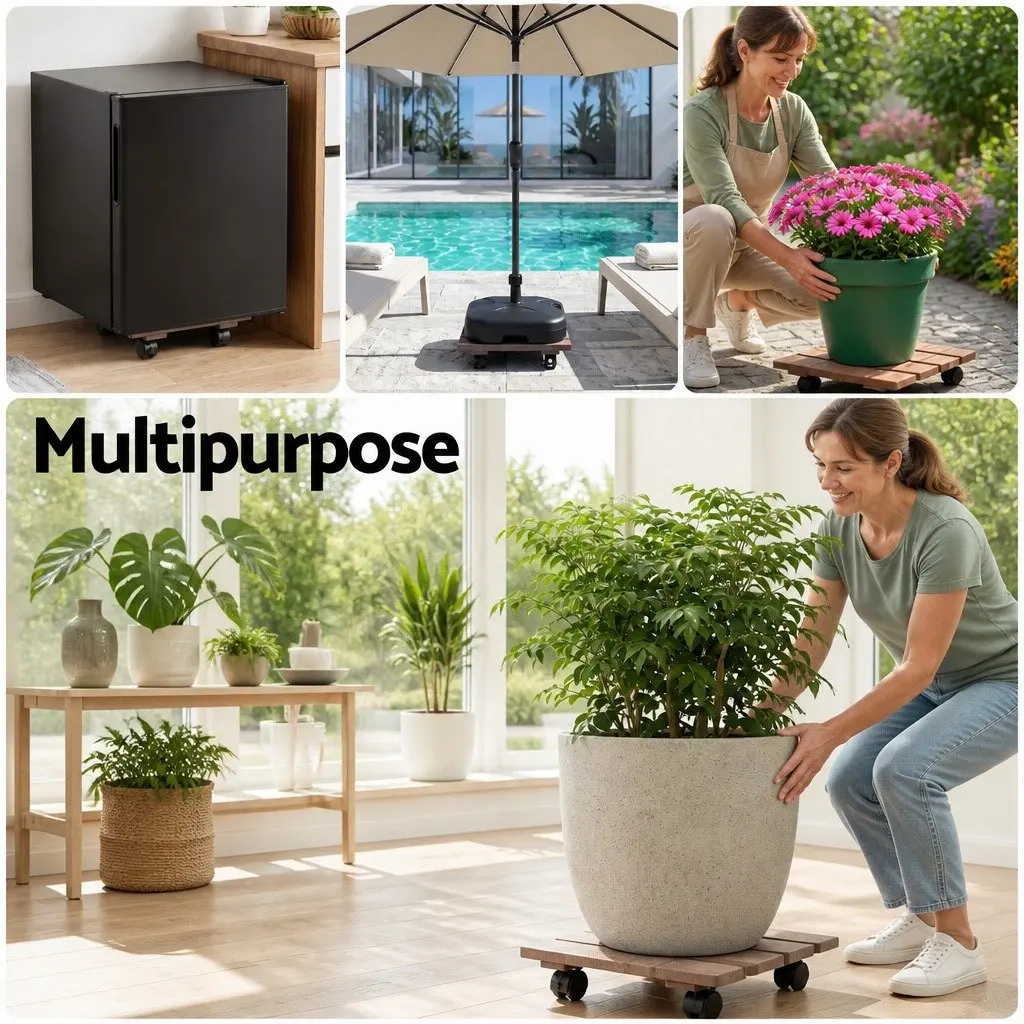 Rolling Cart Plant Caddy HDPE Brown 32x32x10cm Lockable Wheels Pot Mover 2 Piece Indoor Outdoor