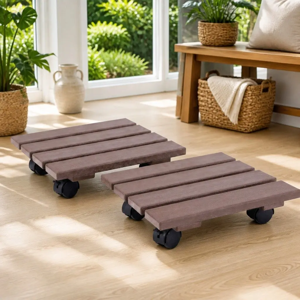 Rolling Cart Plant Caddy HDPE Brown 32x32x10cm Lockable Wheels Pot Mover 2 Piece Indoor Outdoor