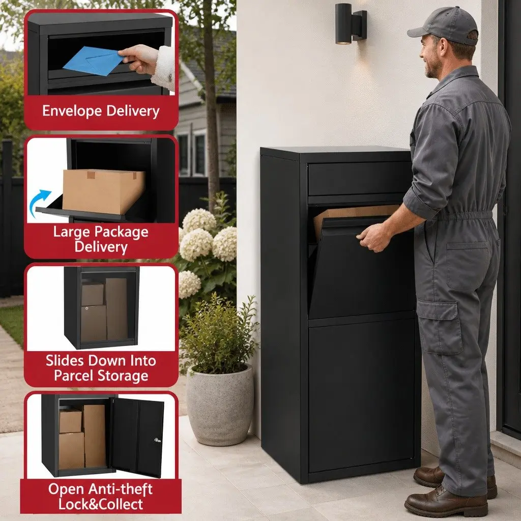Parcel Drop Box Steel Frame 42cm x 38cm x 102cm Black