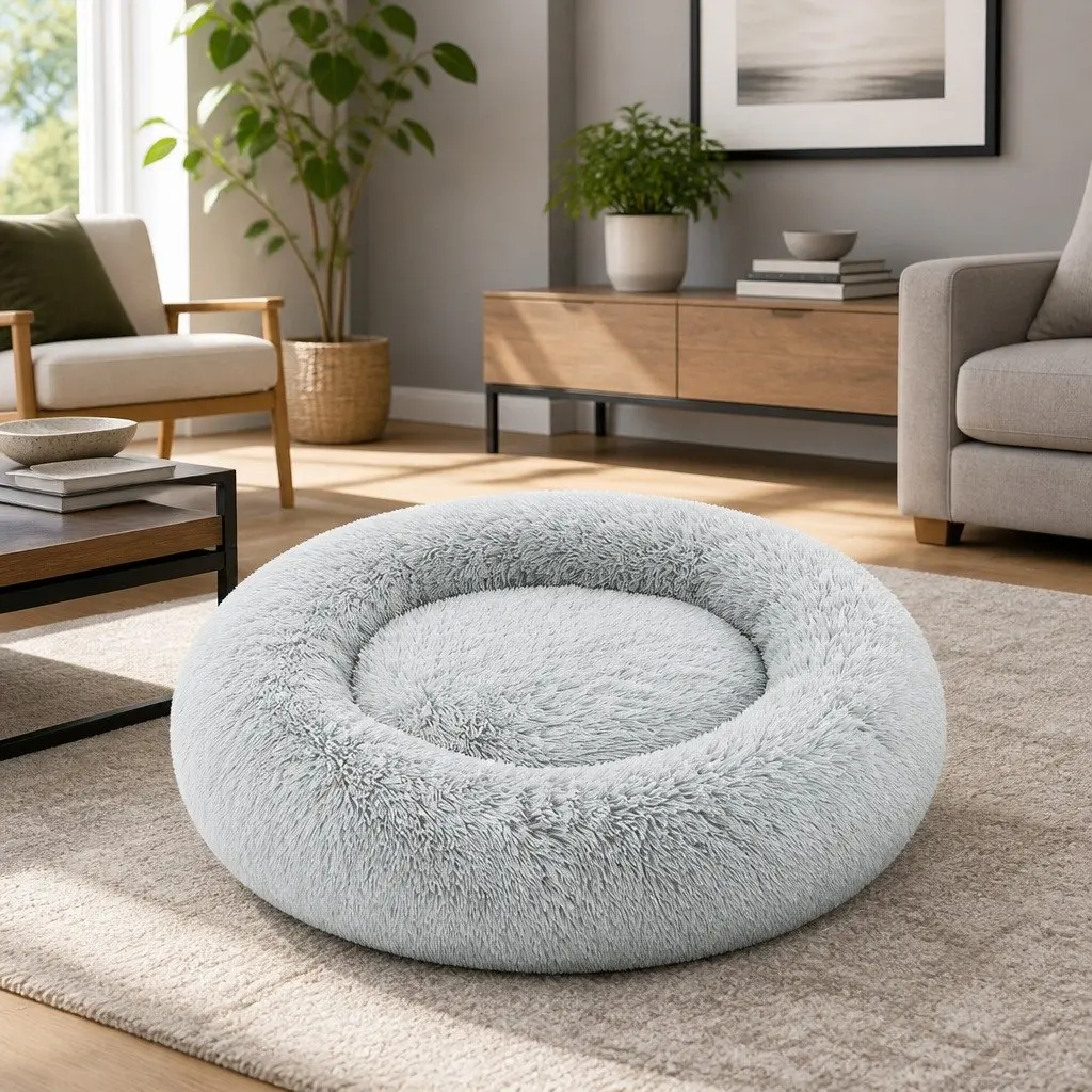Large Dog Cat Pet Bed Plush 90cm Soft Washable Light Grey