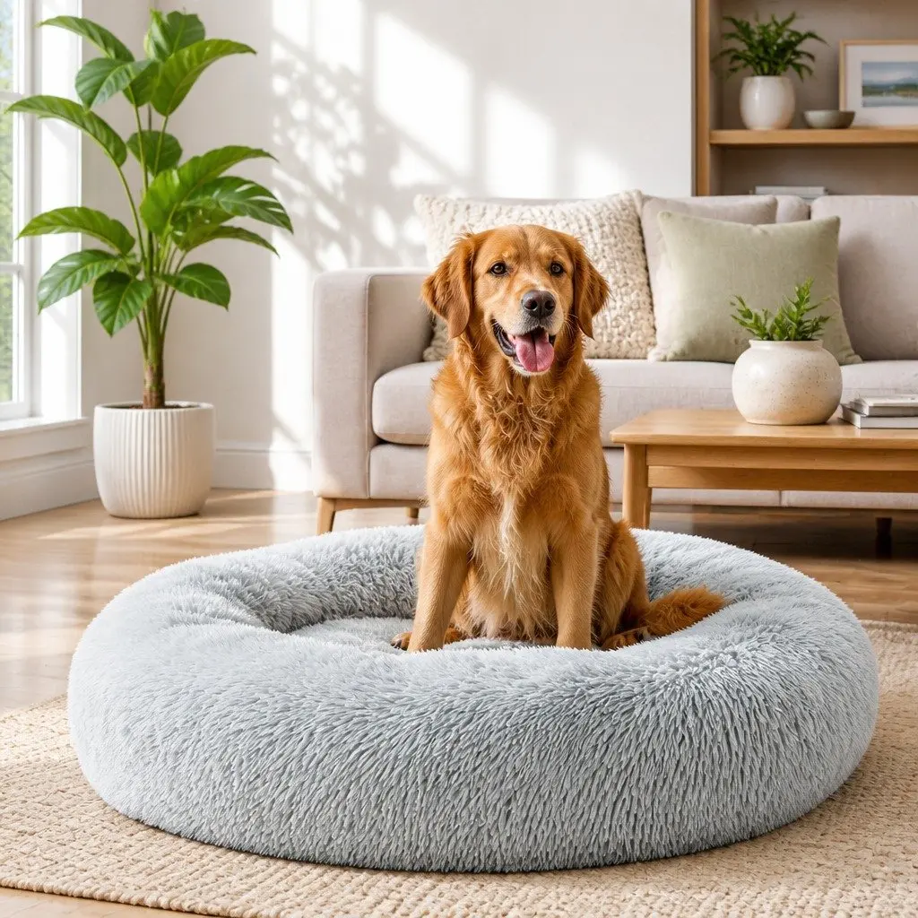 Large Dog Cat Pet Bed Plush 90cm Soft Washable Light Grey