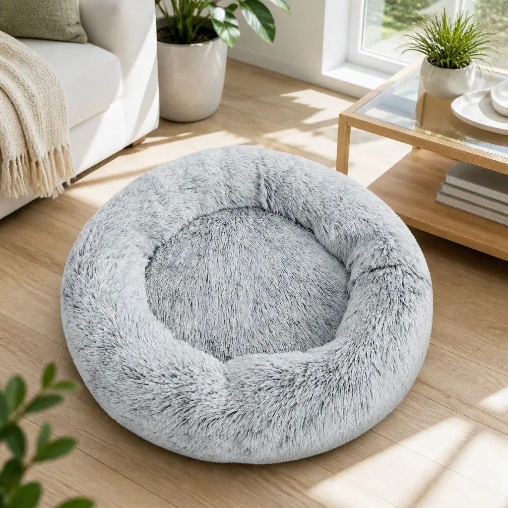 Large Pet Bed 90cm Soft Plush Light Charcoal Non-slip Base Washable for Dogs and Cats