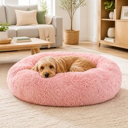 Large Pet Bed Dog Cat 90cm Calming Soft Plush Pink Non-Slip Base Washable Cover