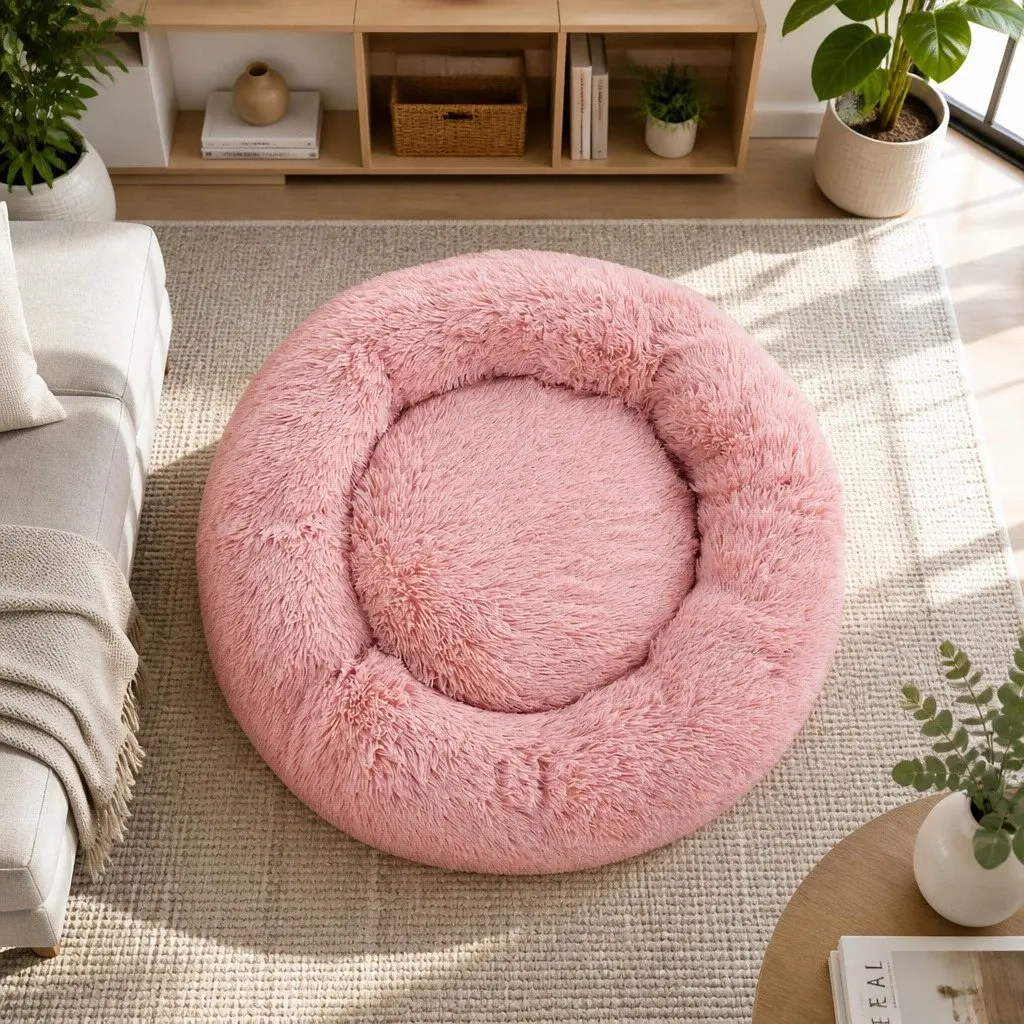 Large Pet Bed Soft Plush 90cm Pink Non-Slip Base Washable Cover