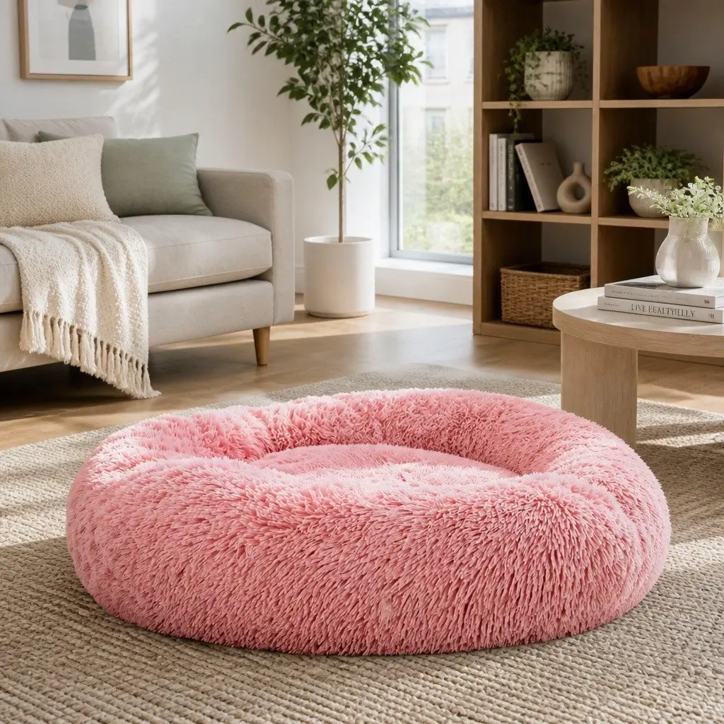 Large Pet Bed Soft Plush 90cm Pink Non-Slip Base Washable Cover