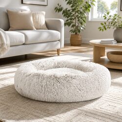 Large Pet Bed 90cm Dog Cat Calming Plush Soft Washable White Brown