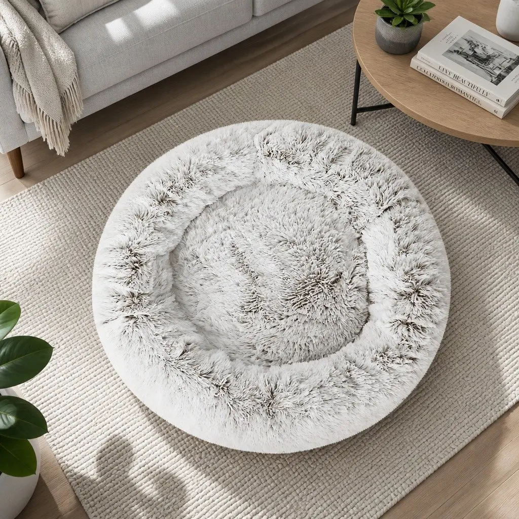 Large Pet Bed Plush 90cm White Brown