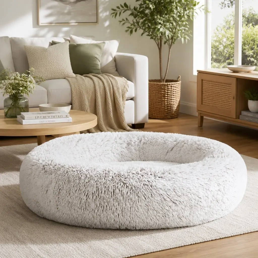 Large Pet Bed Plush 90cm White Brown