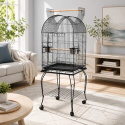 Large Bird Cage Aviary 150cm Black Parrot Dome Wrought Iron Enclosure Stand
