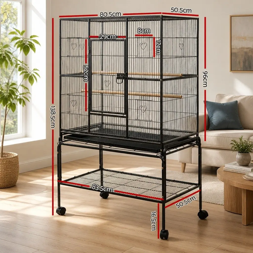 Bird Cage Wrought Iron Large 138cm Black with Stand Perches and Bowls Easy Assembly