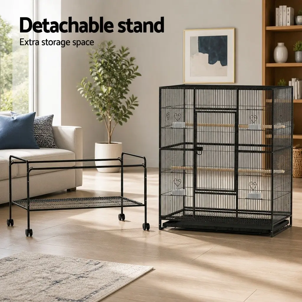 Bird Cage Wrought Iron Large 138cm Black with Stand Perches and Bowls Easy Assembly
