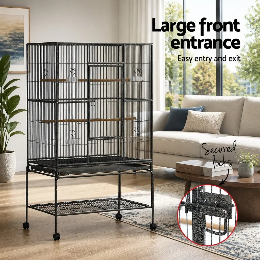 Bird Cage Wrought Iron Large 138cm Black with Stand Perches and Bowls Easy Assembly