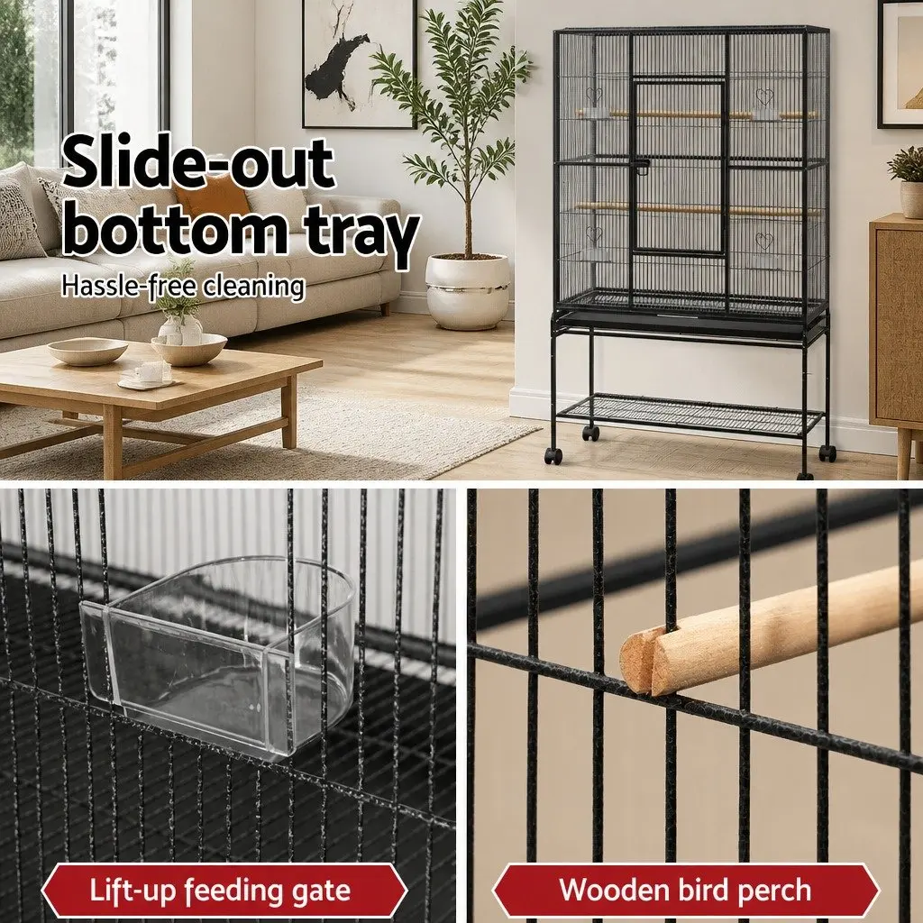 Bird Cage Wrought Iron Large 138cm Black with Stand Perches and Bowls Easy Assembly