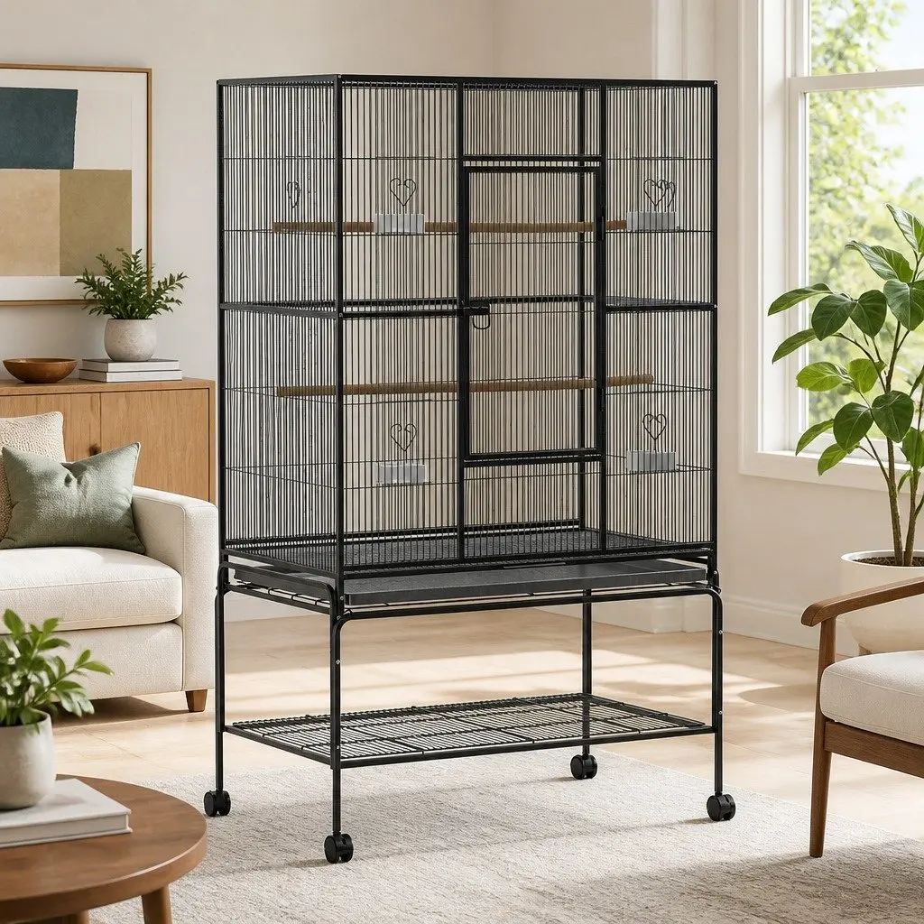 Bird Cage Wrought Iron Large 138cm Black with Stand Perches and Bowls Easy Assembly