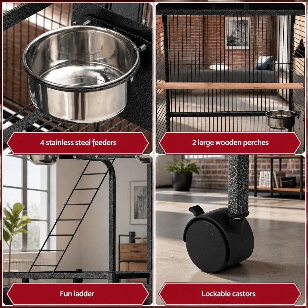 Large Bird Cage Wrought Iron 155cm Black Stand-Alone Aviary for Small to Medium Birds