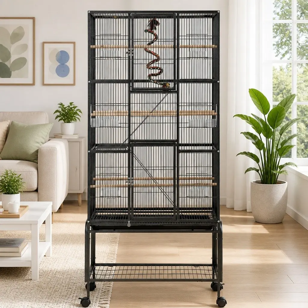 Large 3-Tier Bird Cage Steel Frame 176cm Black Hammertone Parrot Budgie Enclosure with Ladder Wheels