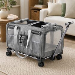 Pet Carrier Trolley Stroller Foldable Swivel Wheels Shoulder Strap Dog Cat