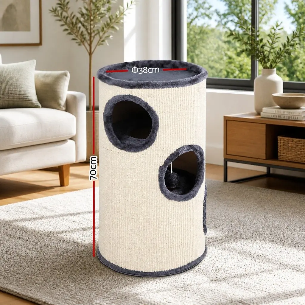 Cat Tree Wooden Construction 70cm Grey Multi-Level Scratching Post Tower with Hideouts and Toys