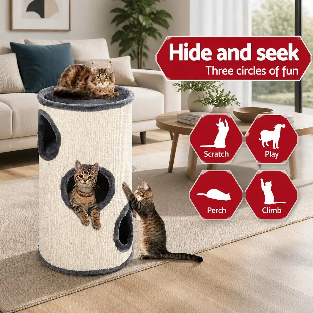 Cat Tree Wooden Construction 70cm Grey Multi-Level Scratching Post Tower with Hideouts and Toys