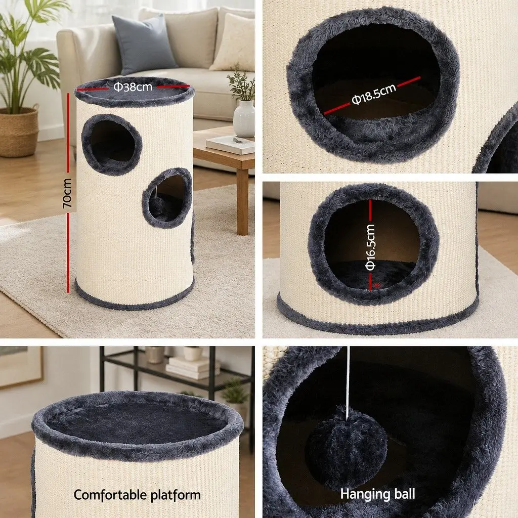 Cat Tree Wooden Construction 70cm Grey Multi-Level Scratching Post Tower with Hideouts and Toys