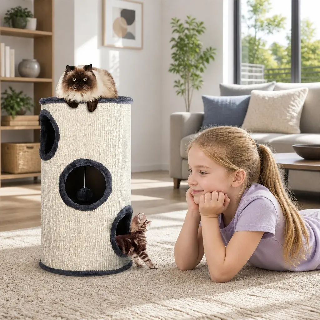 Cat Tree Wooden Construction 70cm Grey Multi-Level Scratching Post Tower with Hideouts and Toys