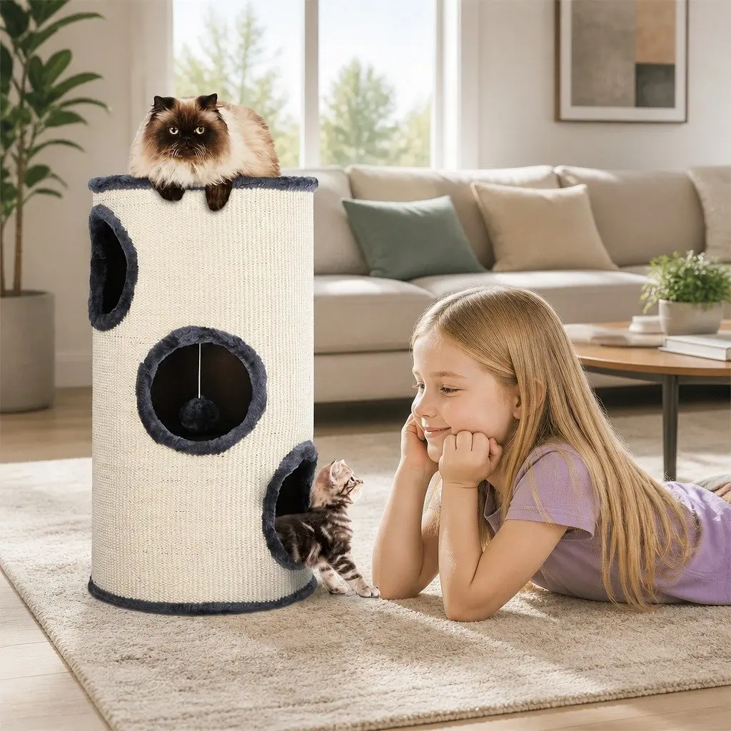 Cat Tree Wooden Construction 70cm Grey Multi-Level Scratching Post Tower with Hideouts and Toys