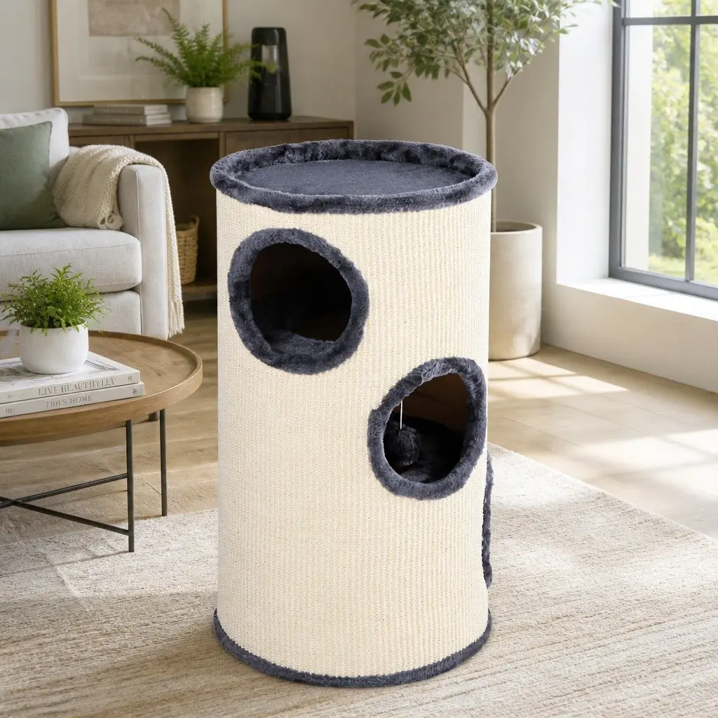 Cat Tree Wooden Construction 70cm Grey Multi-Level Scratching Post Tower with Hideouts and Toys