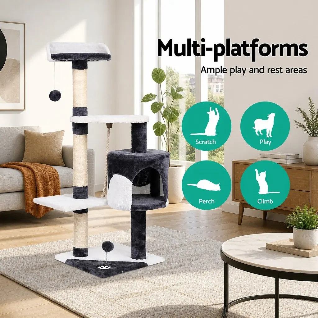 Cat Scratching Post Multi-Level Grey 112cm Tall Condo House with Plush Velvet and Sisal Wrapped Posts