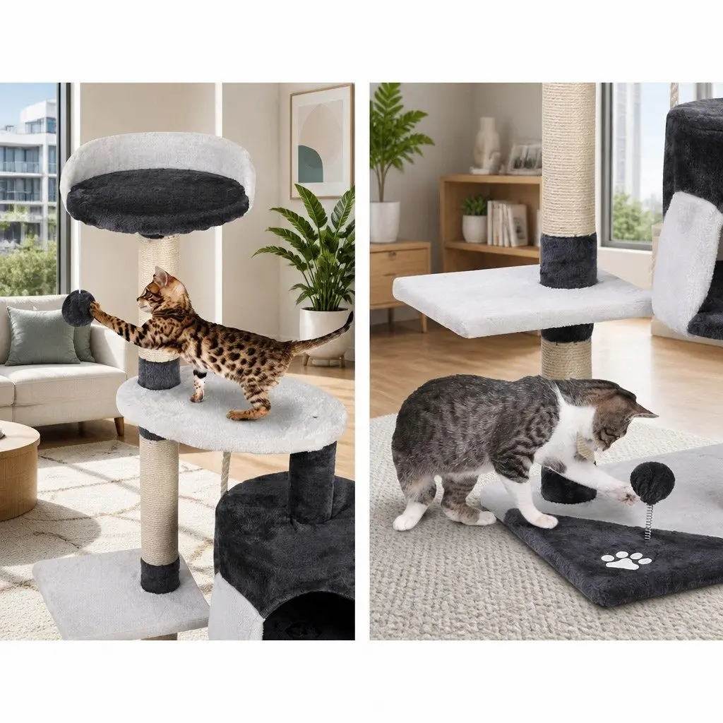 Cat Scratching Post Multi-Level Grey 112cm Tall Condo House with Plush Velvet and Sisal Wrapped Posts