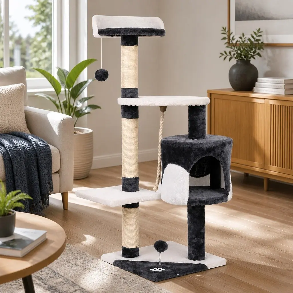 Cat Scratching Post Multi-Level Grey 112cm Tall Condo House with Plush Velvet and Sisal Wrapped Posts