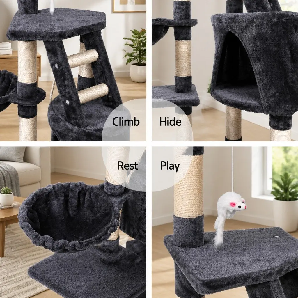 Cat Tree Multi-Level Dark Grey Plush Velvet 120cm Scratching Post Tower Condo House Bed Perch Climb