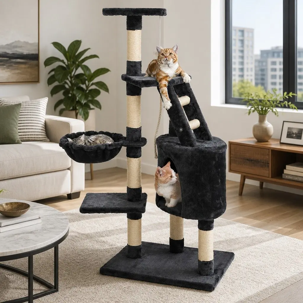 Cat Tree Multi-Level Dark Grey Plush Velvet 120cm Scratching Post Tower Condo House Bed Perch Climb