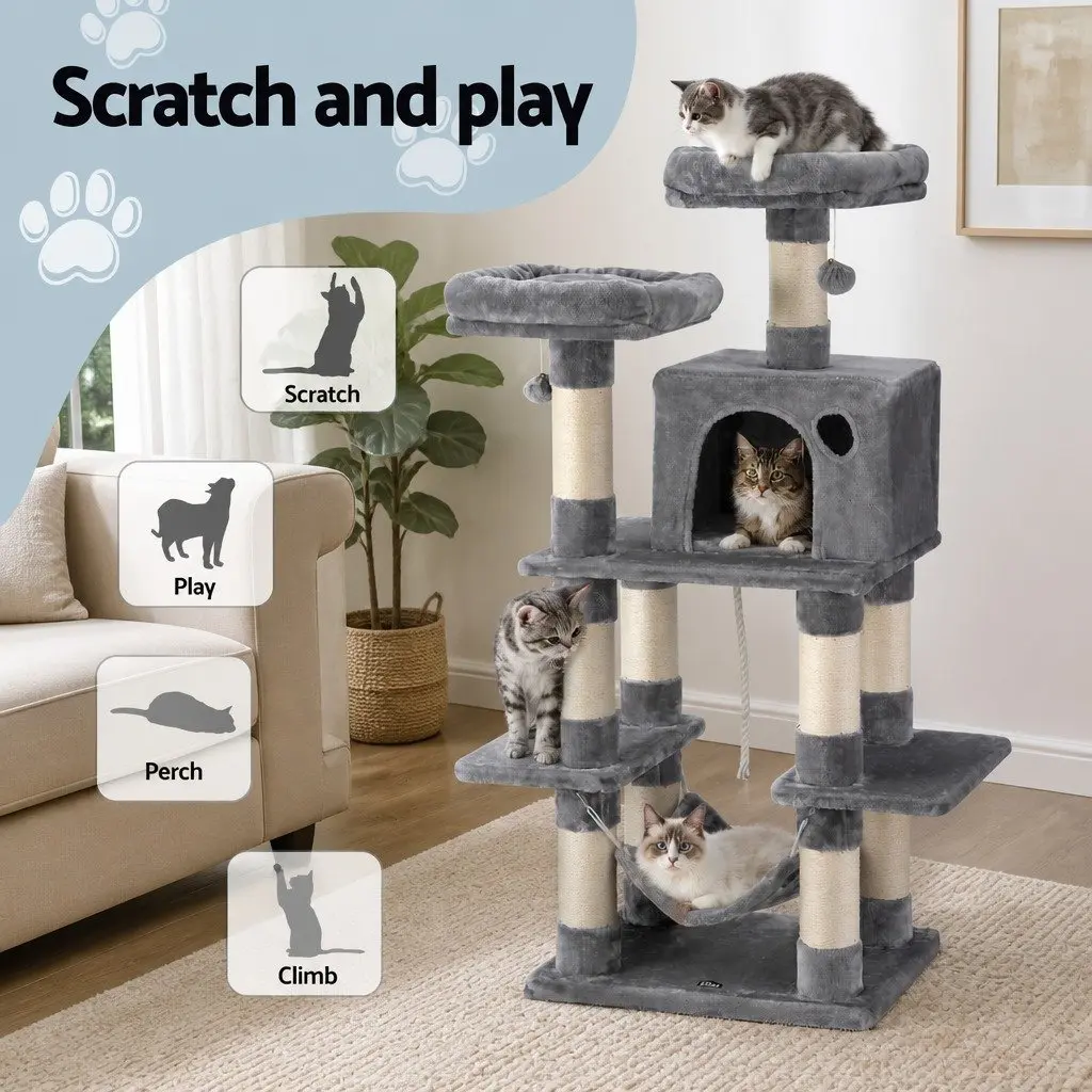 Cat Tree Particleboard 145cm Light Grey Multi-Level Scratching Post Condo House