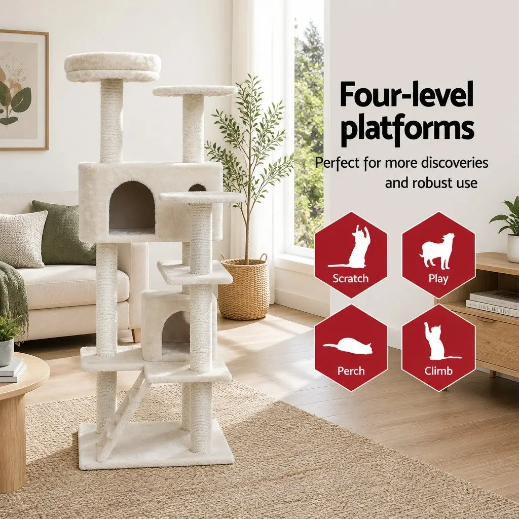 Cat Tree Wooden 134cm Multi-Level Beige