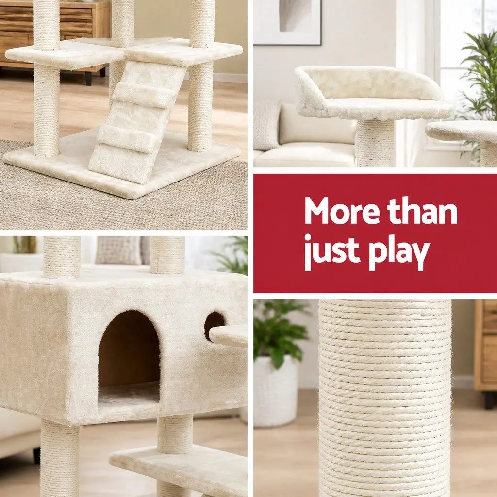 Cat Tree Wooden 134cm Multi-Level Beige
