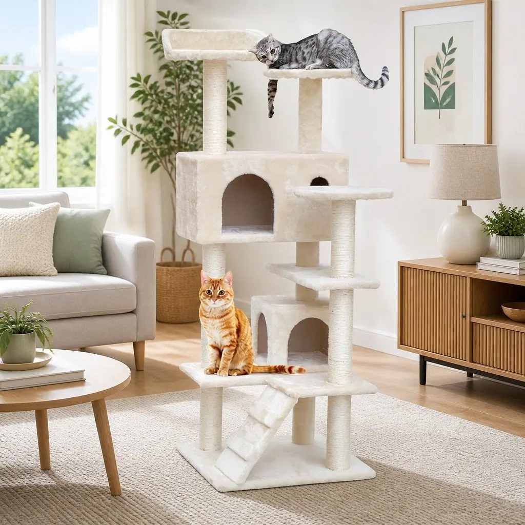 Cat Tree Wooden 134cm Multi-Level Beige