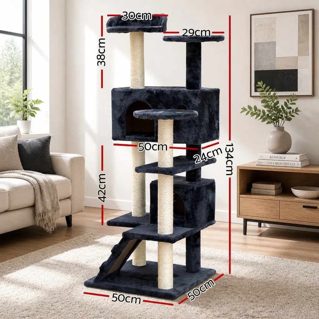 Cat Tree Wooden 134cm Tall Scratching Post Tower with Plush Bed Grey